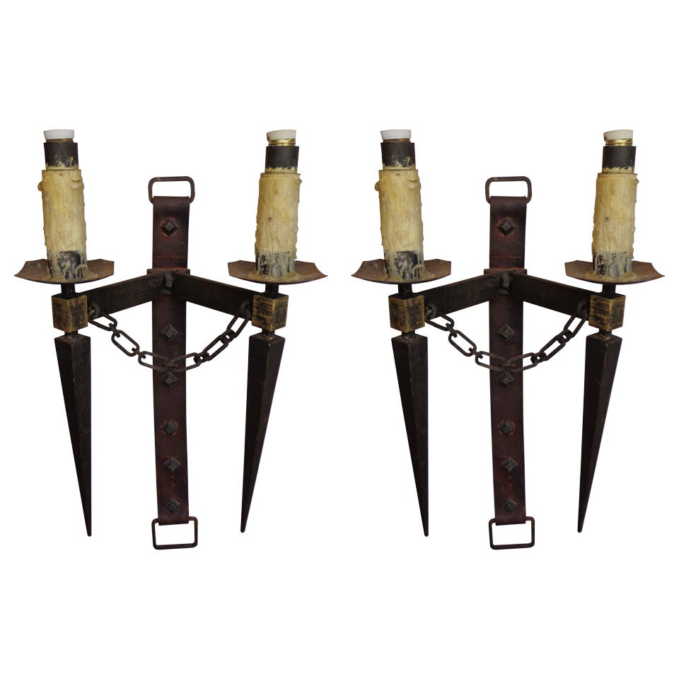 Pair of Leather and Iron Torchiere Sconces For Sale