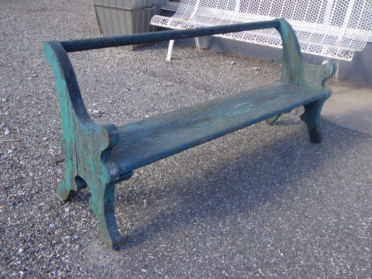 Primitive vintage garden bench with divine distressed teal blue green paint. Would be lovely inside or out.
