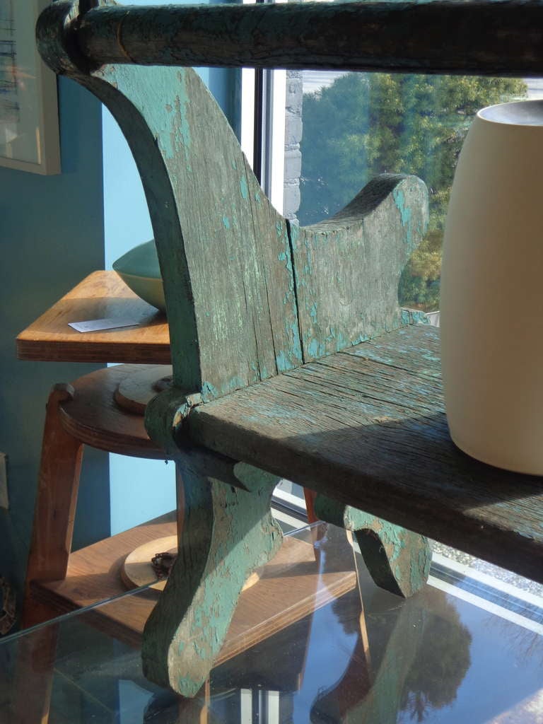 Primitive Teal Bench In Distressed Condition In Pound Ridge, NY