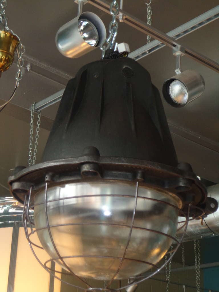 Mid-20th Century Pair of Impressive Cast Iron French Factory Lights with Original Glass