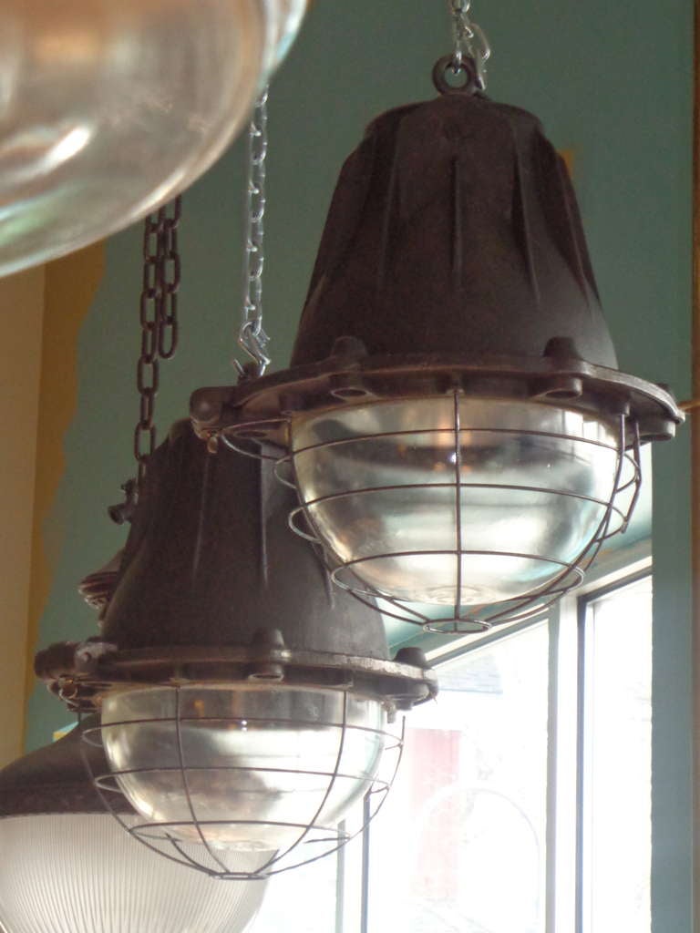 Industrial Pair of Impressive Cast Iron French Factory Lights with Original Glass