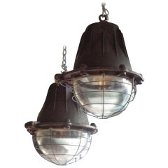 Pair of Impressive Cast Iron French Factory Lights with Original Glass