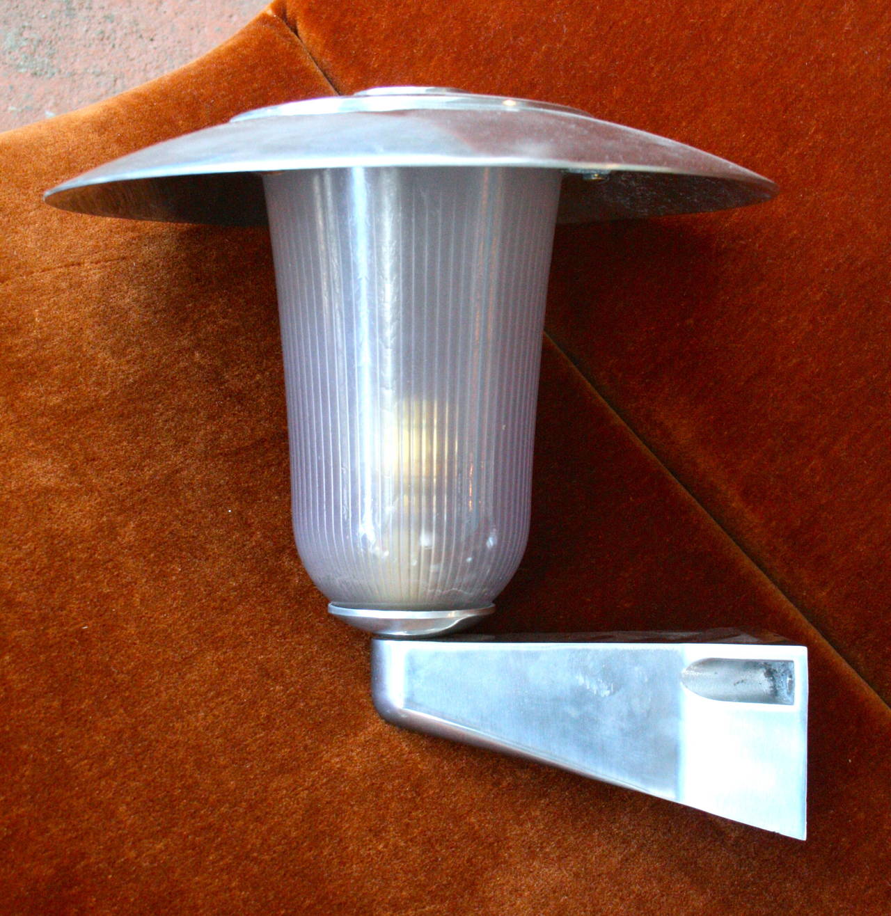Mid-Century Modern French Polished Aluminum and Holophane Glass Sconces For Sale