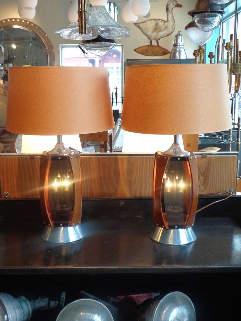 American Pair Of Teak And Lucite Lamps