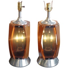Pair Of Teak And Lucite Lamps
