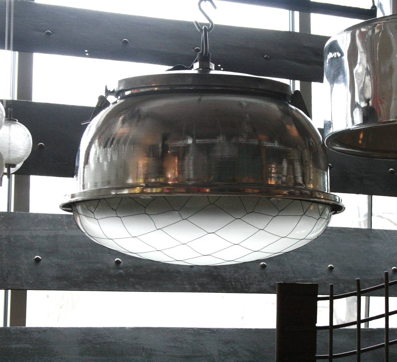 Mid-Century Modern Large Oval Pendant Lights in Polished Aluminum and Original Glass