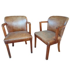 Pair of English leather and oak armchairs
