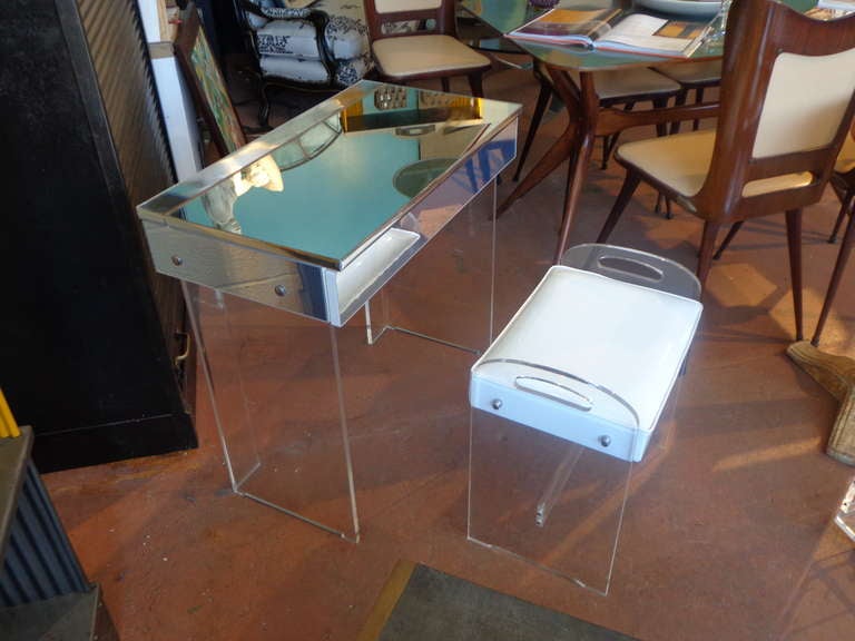 American Mirrored Lucite Dressing Table With Bench