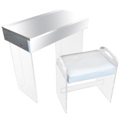 Mirrored Lucite Dressing Table With Bench