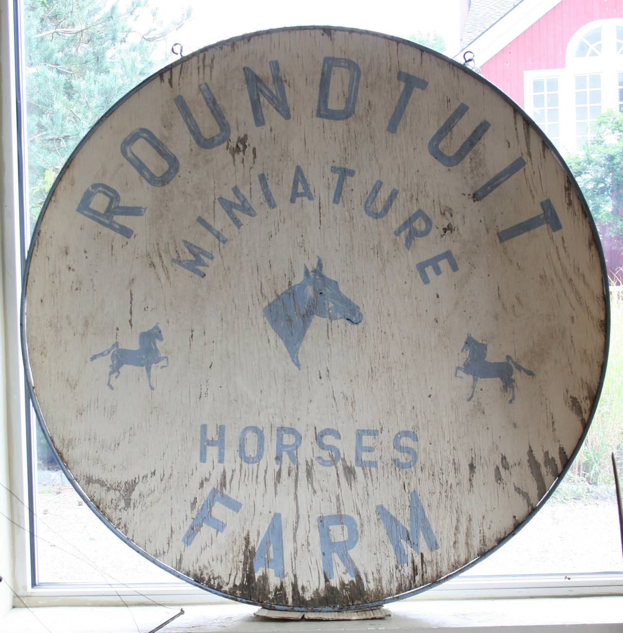 Charming miniature horse farm sign, double sided wood with iron frame, faded cornflower blue/lavender color. existing hooks and chain, ready and easy to hang.