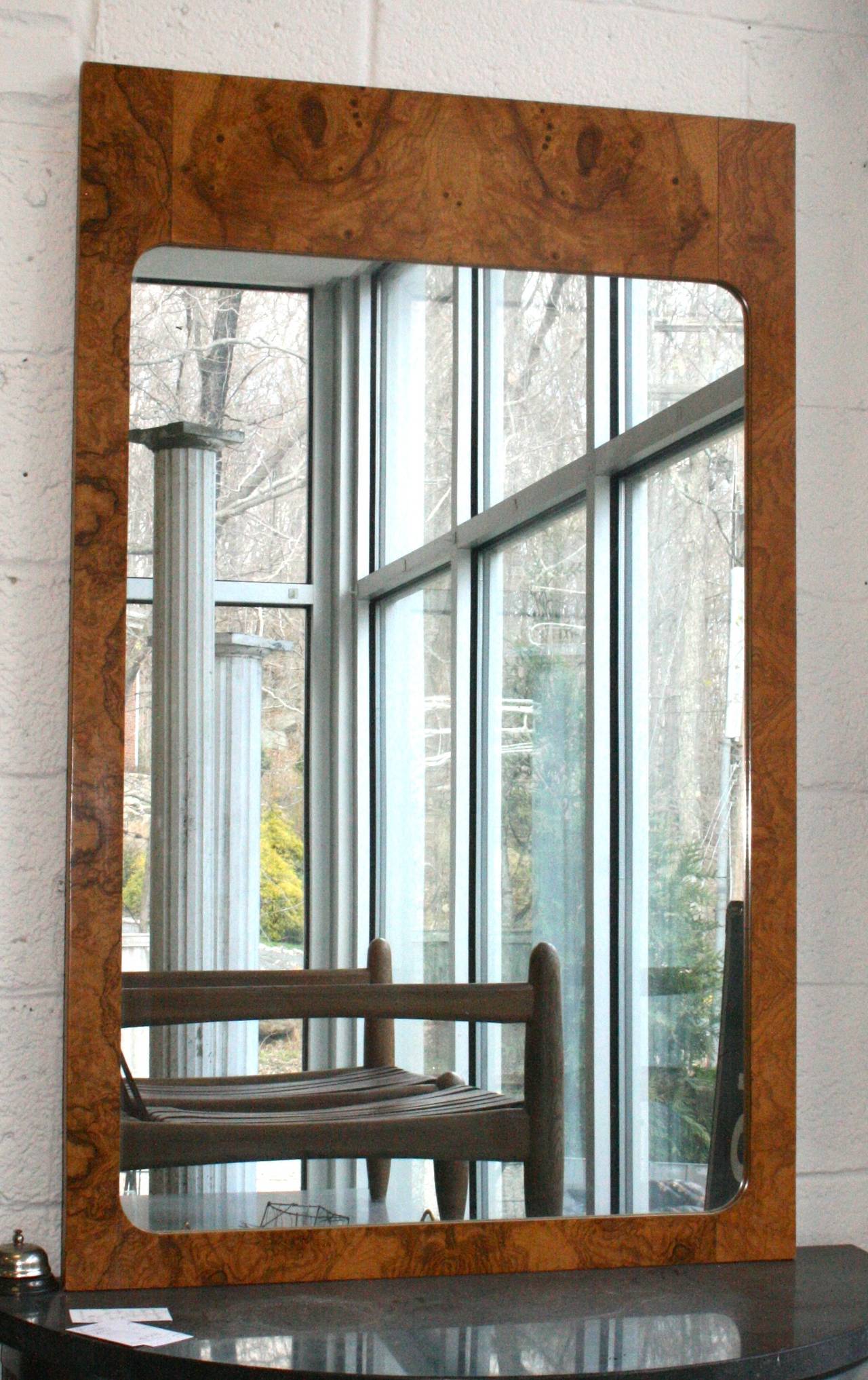 American 1970s Milo Baughman Style, Olive Burled Wood Mirror