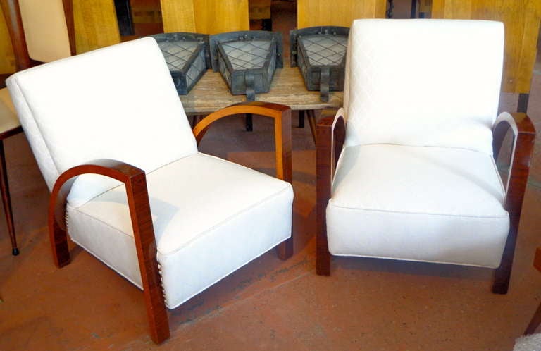 Pair of art deco armchairs with rosewood and burled maple veneer, all new upholstery.