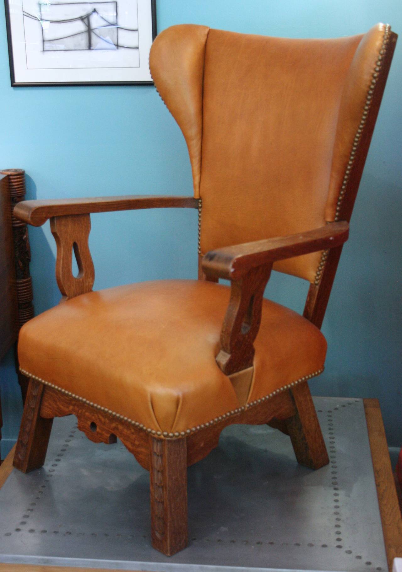 Oak and caramel leather wing chair In Excellent Condition In Pound Ridge, NY