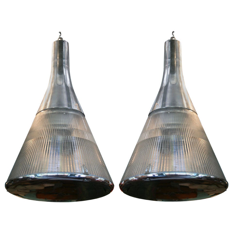 Pair of French Modern Chrome and Perspex Pendant Lights