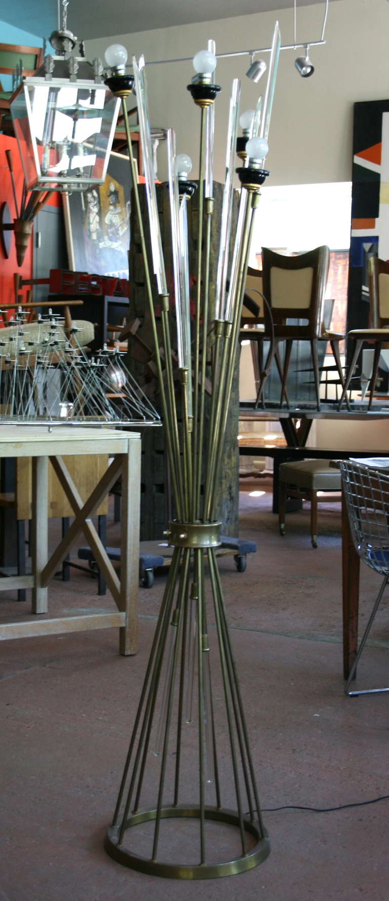 Five light brass floor lamp with emanating cut crystal rods; vintage silk shades included.