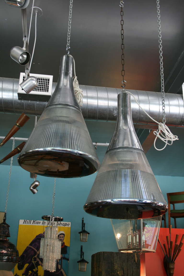 Mid-Century Modern Pair of French Modern Chrome and Perspex Pendant Lights