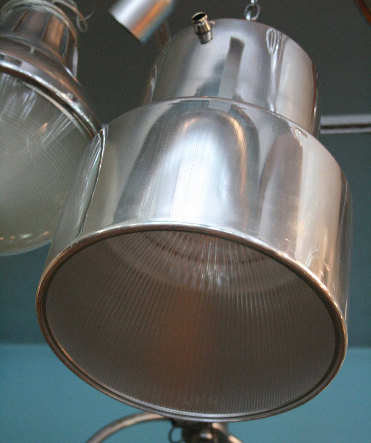 French Polished Aluminum and Industrial Era Glass Pendant Lights For Sale