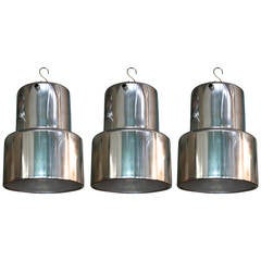 Set of Three Polished Aluminum and Holophane Glass Pendant Lights 5