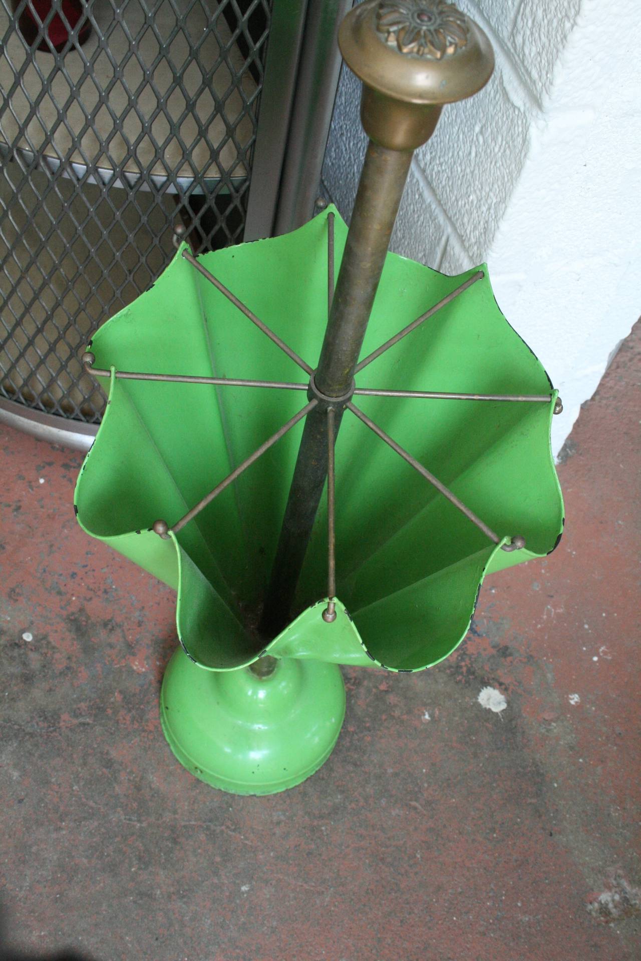 Green Tole Brass Umbrella Stand In Excellent Condition In Pound Ridge, NY