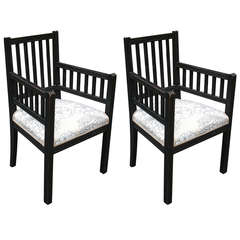 Pair of Slatted Painted Armchairs With Upholstered Seat