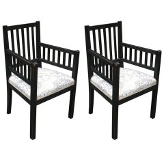 Vintage Pair of Slatted Painted Armchairs With Upholstered Seat