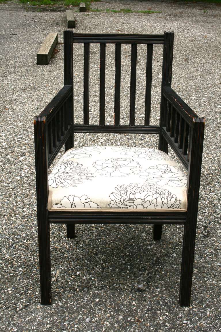 Mid-20th Century Pair of Slatted Painted Armchairs With Upholstered Seat For Sale