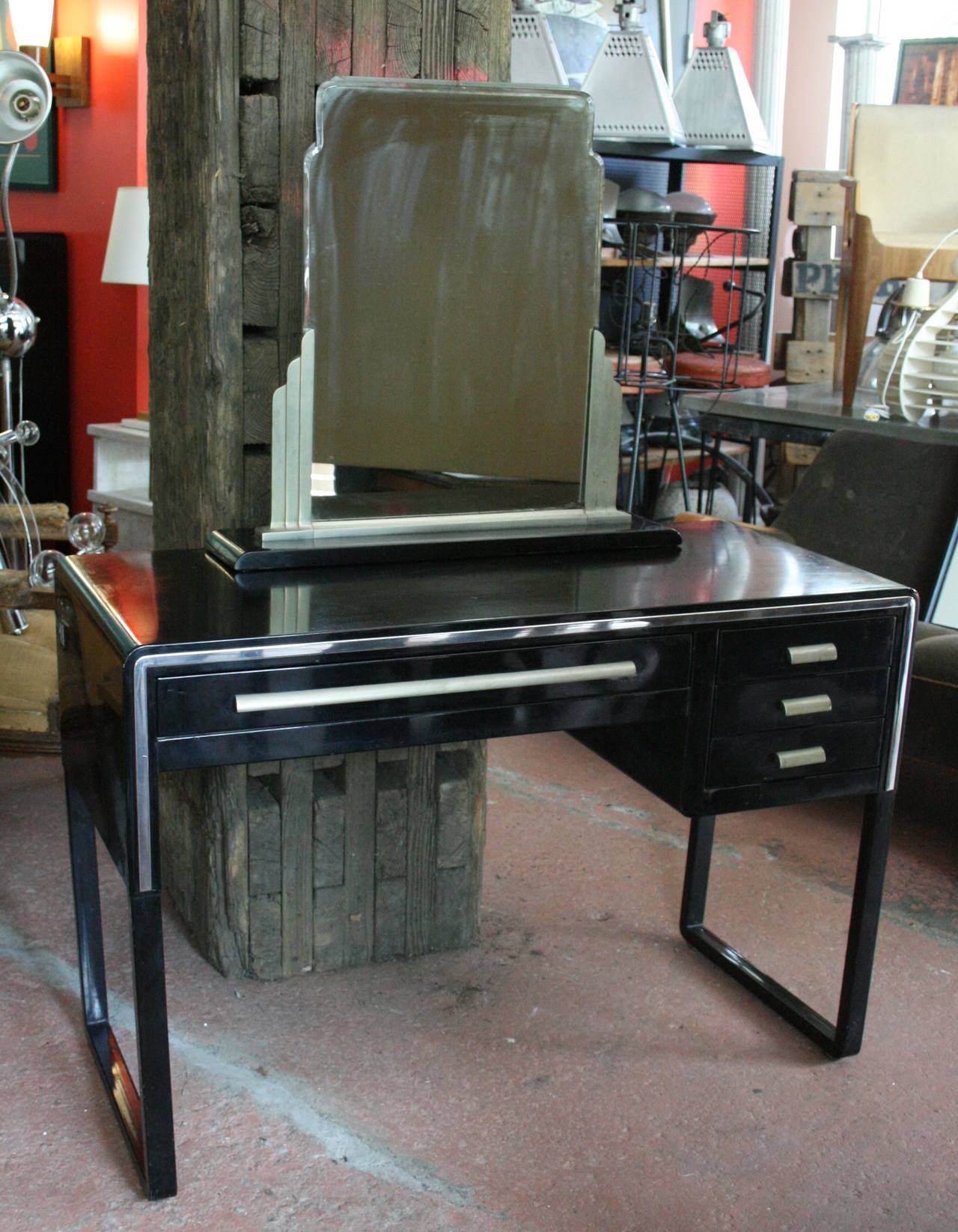 Same pieces are in the furniture collection at the Metropolitan Museum of Art in New York. Enameled and chrome-plated steel dressing table, mirror and chair (see image 3). Excellent examples of American Art Deco, rare to find these three pieces