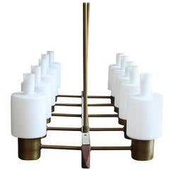 Linear Teak and Brass Chandelier with Milk Glass Shades by Maison Arlus 8