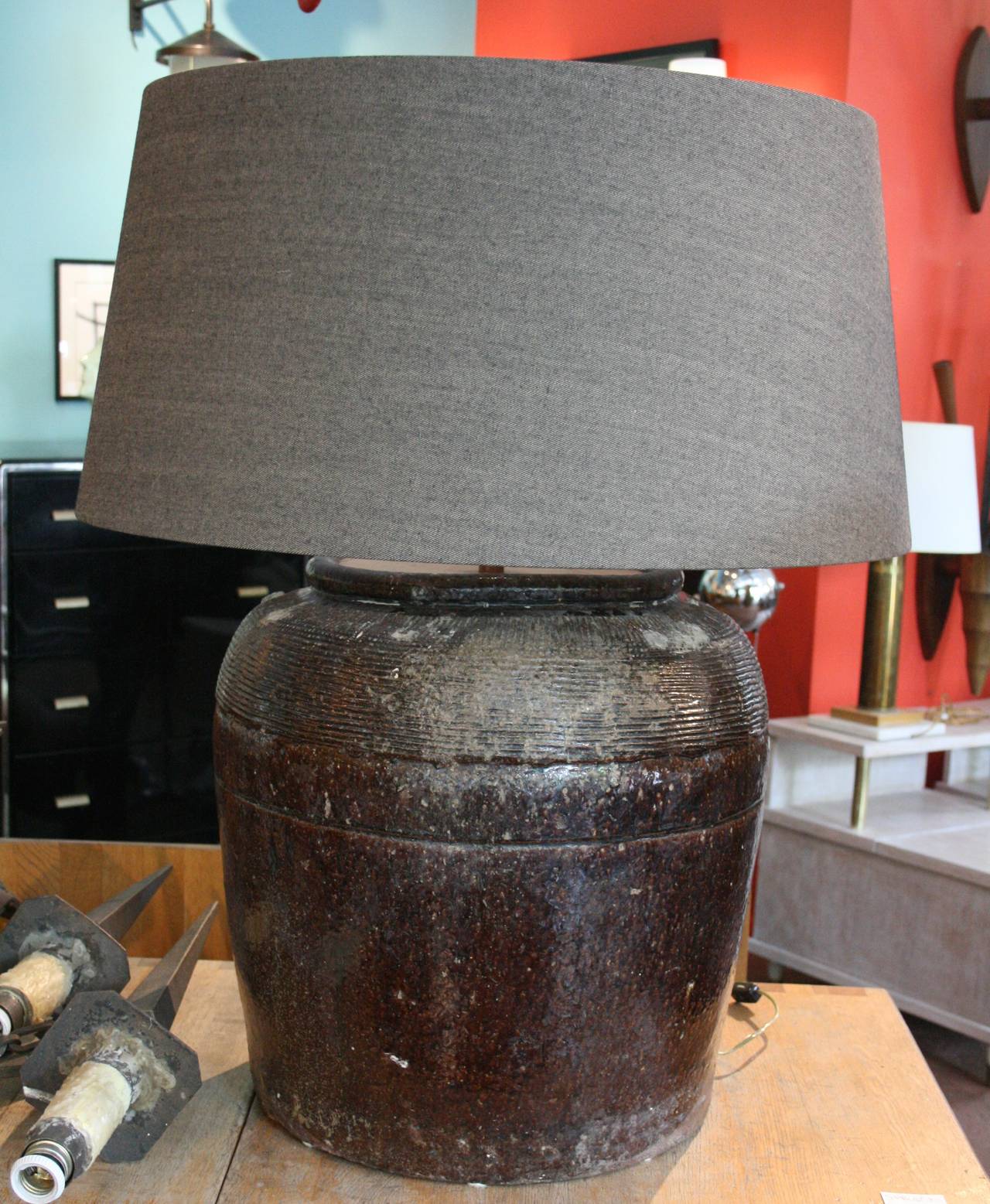 Massive French Glazed Earthenware Table Lamp In Excellent Condition In Pound Ridge, NY