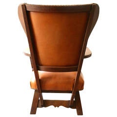 Oak and caramel leather wing chair 10