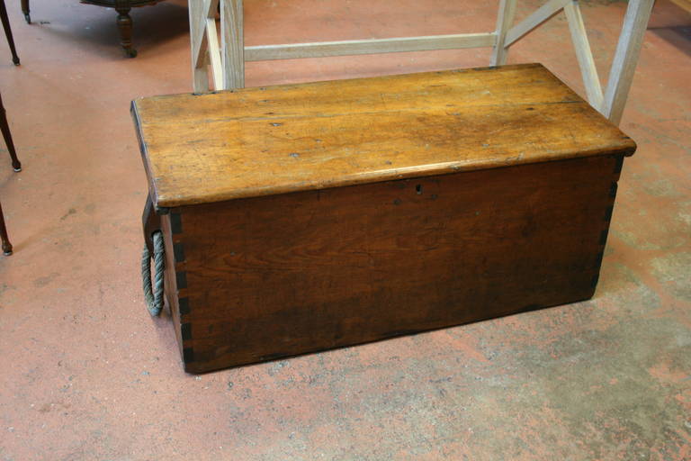 Wood Seaman's Trunk with Rope Handles In Good Condition In Pound Ridge, NY
