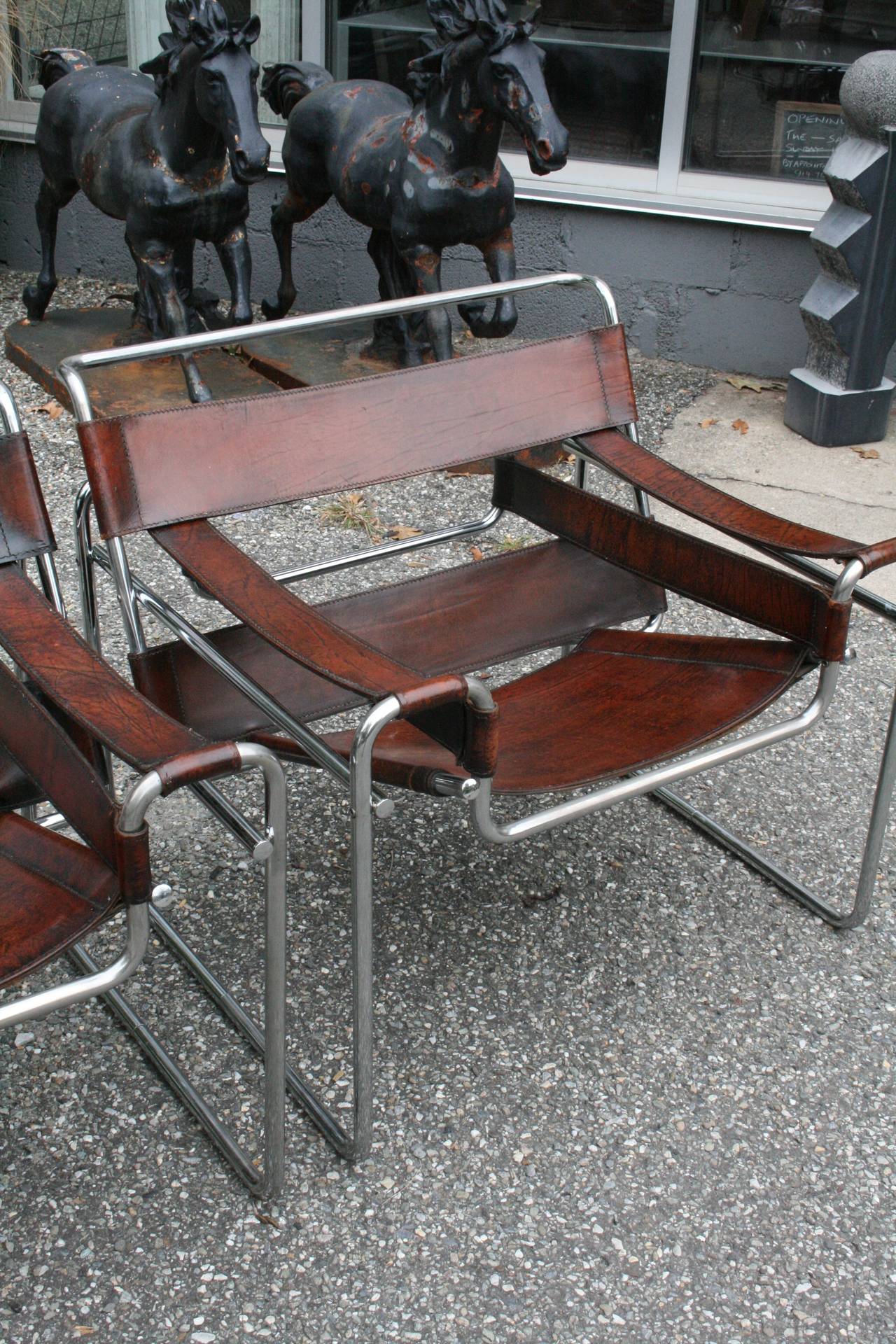 Italian Pair of Vintage Leather and Chrome Wassily Chairs