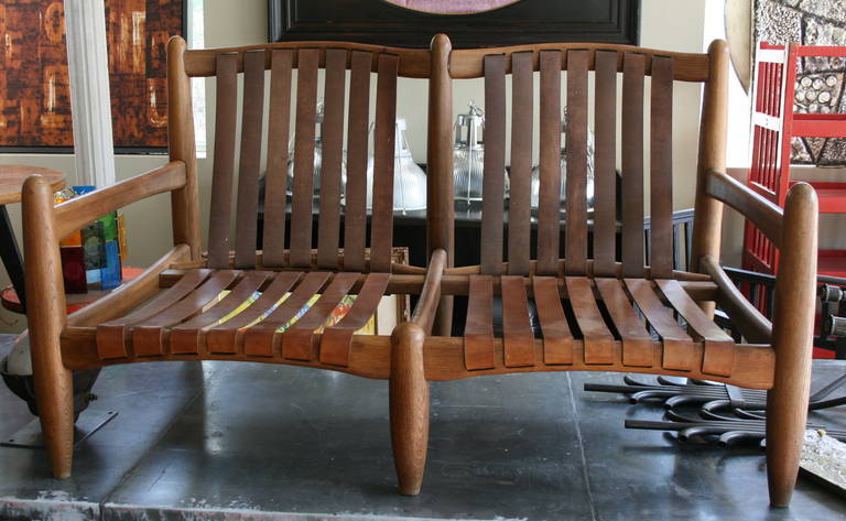 Brazilian Sofa in Teak with Leather Straps, 1970s