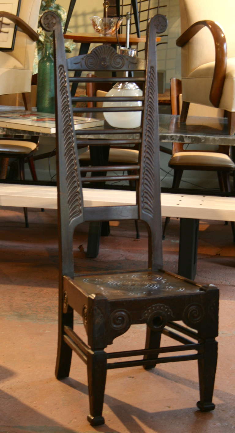 Arts and Crafts Tall Carved Oak Chair