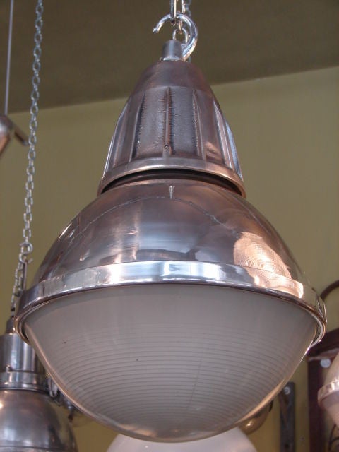 French Polished steel and holophane glass industrial pendant light