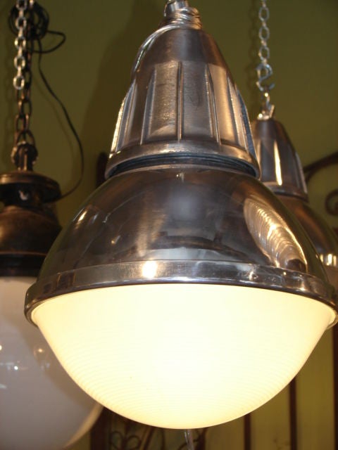 Polished steel and holophane glass industrial pendant light In Excellent Condition In Pound Ridge, NY