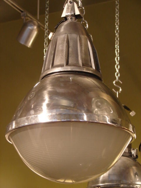 Polished steel and holophane glass industrial pendant light 1
