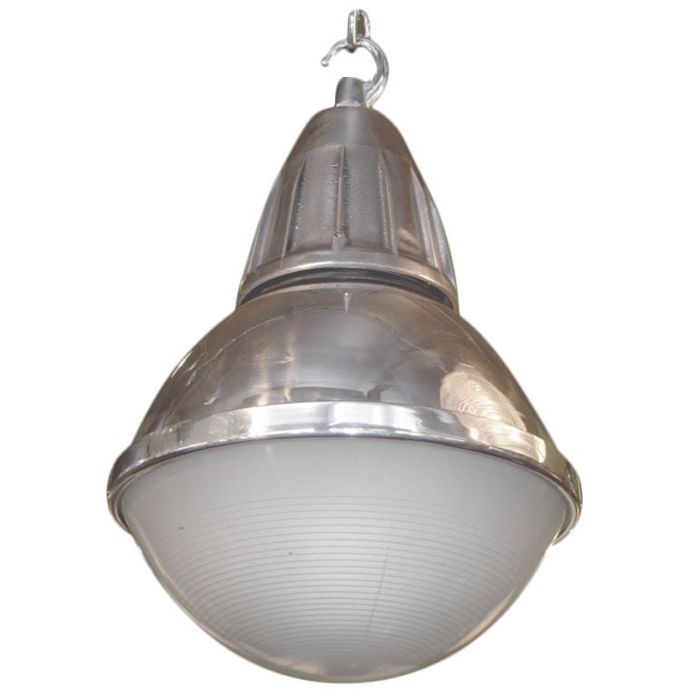 Polished steel and holophane glass industrial pendant light