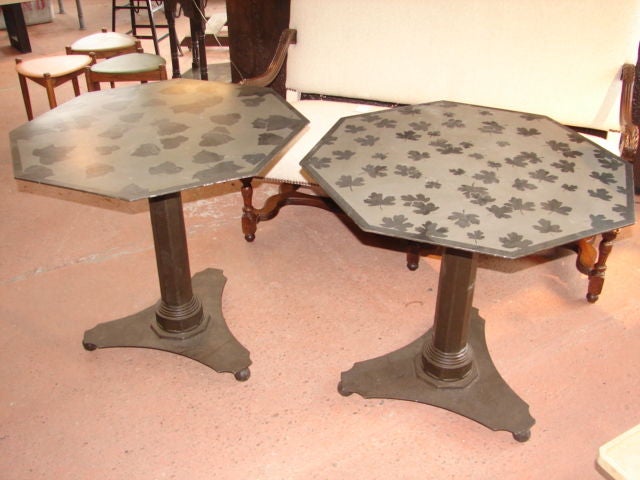 Pair Of Octagonal Steel Tables W/ Leaf Stenciling