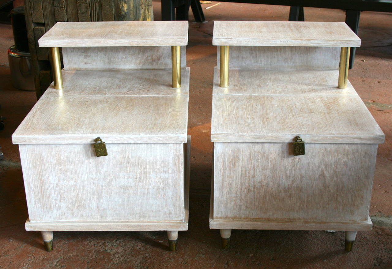 Pair of Lane cerused end tables with brass detail, each with a cedar lined chest.
