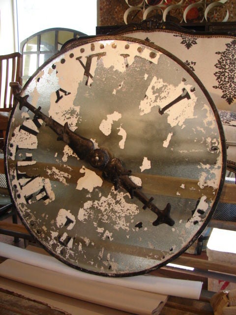 Large glass clockface with iron rim, metal hands and original paint,from a church in France.