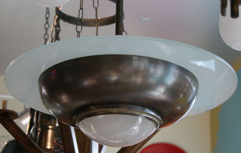 French Art Deco Bronze and Glass Pendant Chandelier In Excellent Condition In Pound Ridge, NY