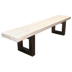 Vintage White Oak Slatted Bench with Metal Supports