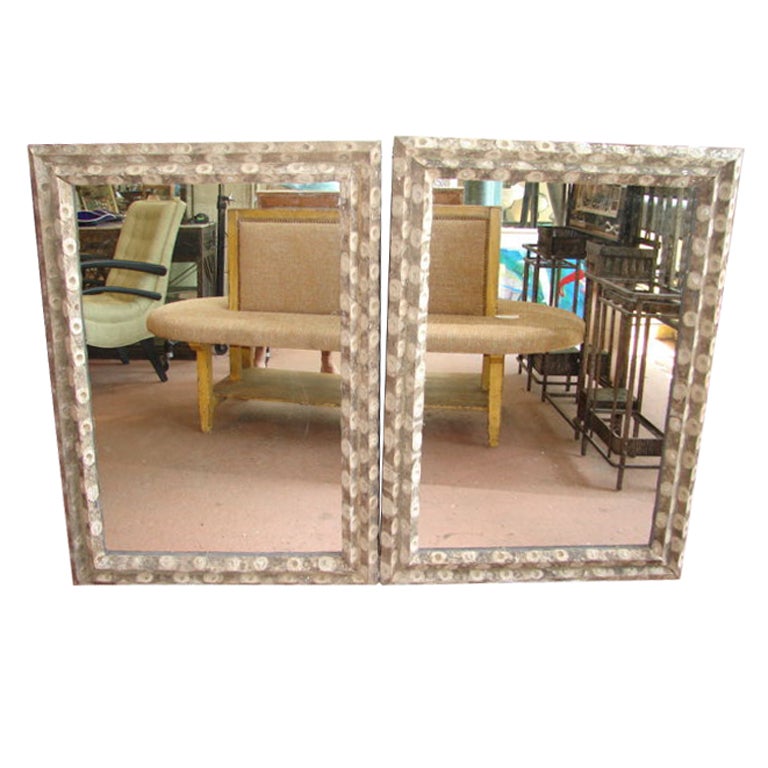 Pair of mirrors made from old french oyster sticks, planks of wood used to farm oysters.