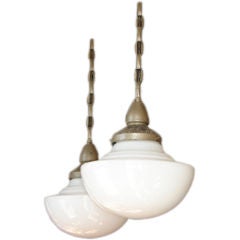 Pair of early Philips milk glass lights with unusual chain