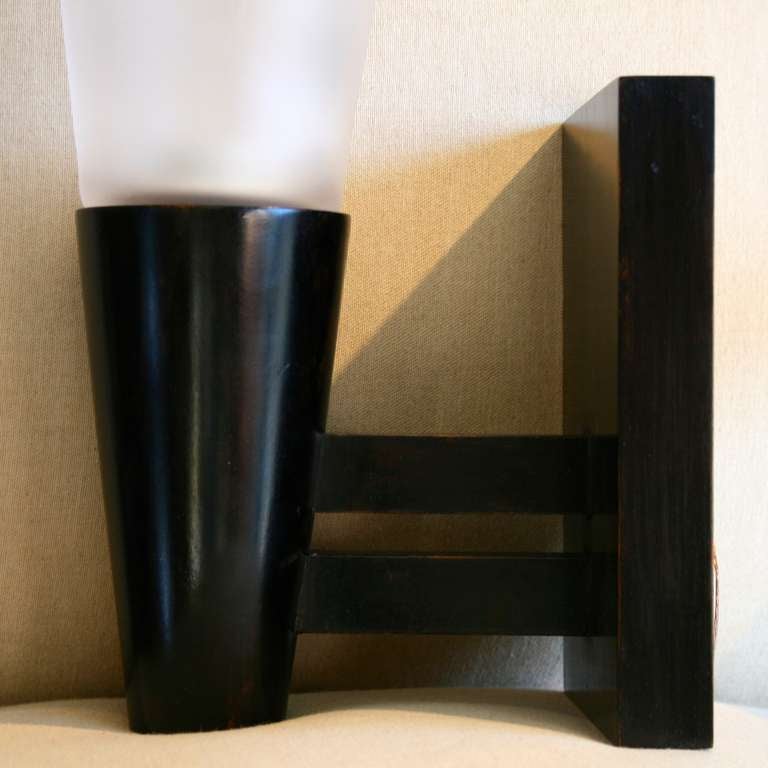 Elegant Ebonized Wood and Glass Theo Sconces In Excellent Condition In Pound Ridge, NY