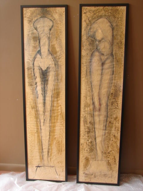 Pair of large scale nude torso mixed media drawings