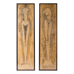 Pair of large scale nude torso mixed media drawings