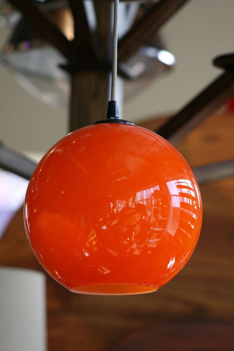 Late 20th Century Pair of Italian Orange Glass Ball Pendants