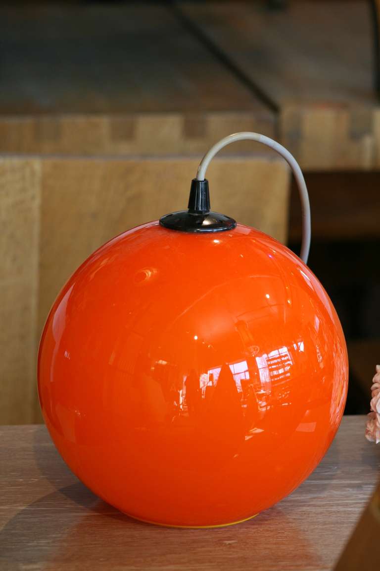 Pair of Italian Orange Glass Ball Pendants In Good Condition In Pound Ridge, NY